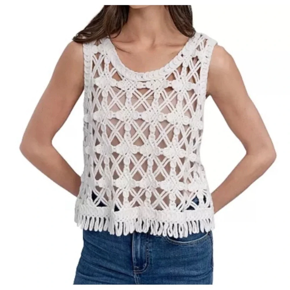 DKNY Jeans Womens Ivory Macrame Crochet Fringe Hem Sleeveless Tank Top Large New